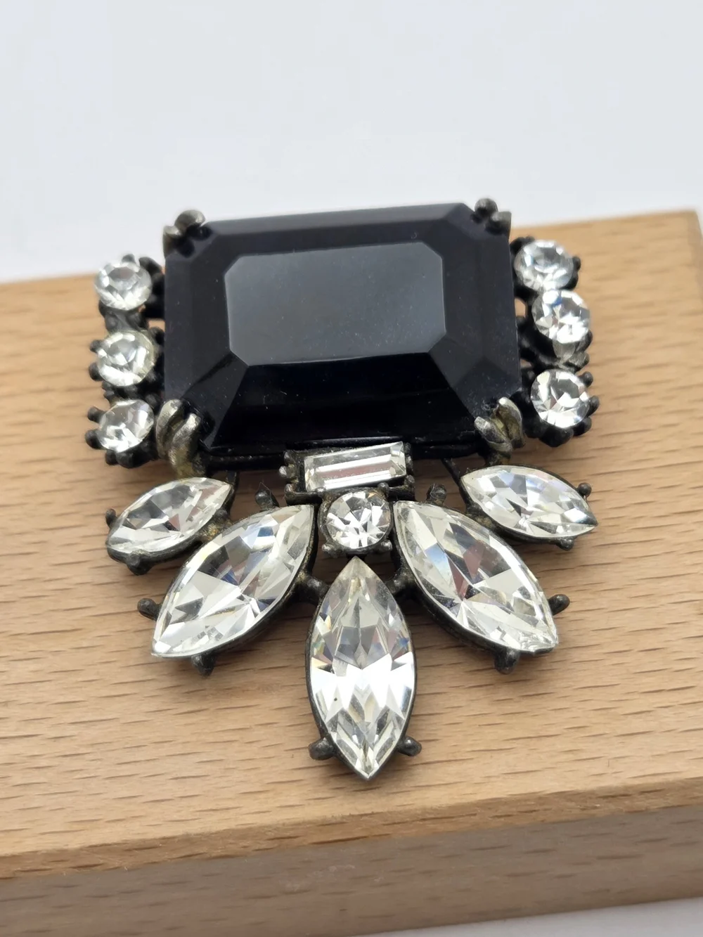 Vintage Black Glass Emerald Cut Rhinestone Brooch Pin Statement